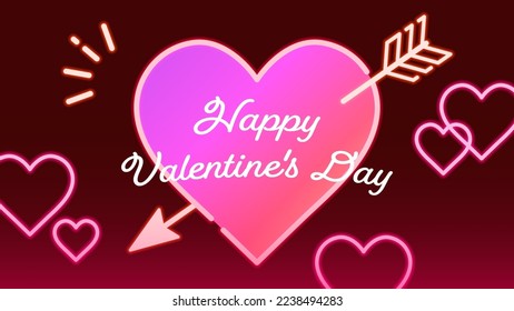 Background illustration of fluorescent pink heart with arrow, retro and cute neon colored banner template for Valentine's day.