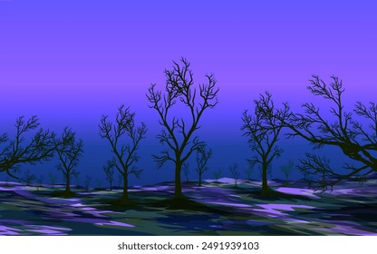 background illustration of forest in autumn at night on purple background