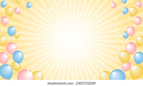 It is a background illustration with glittering yellow radiation and colorful balloons.There are other variations as well.