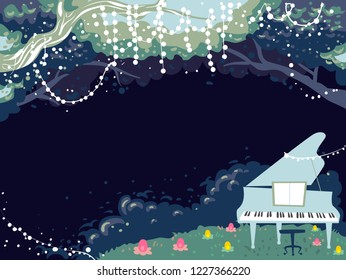 Background Illustration of a Grand Piano in the Garden with Lights and Tree Branches