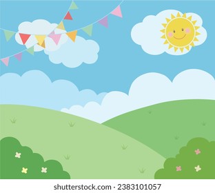 Ilustración de fondo con colinas verdes y sol sonriente