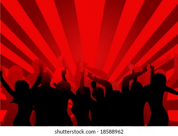 A background illustration of a group of dancers in silhouette on a red background with a center highlight and red sunburst effect lighting