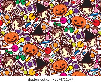 Background illustration of Halloween candy and characters