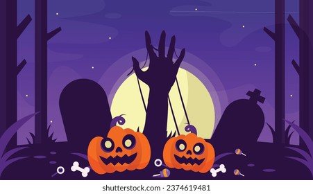 background illustration halloween creepy pumpkin in the graveyard