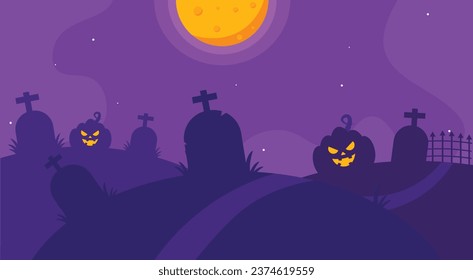 background illustration halloween graveyard filled with creepy pumpkins