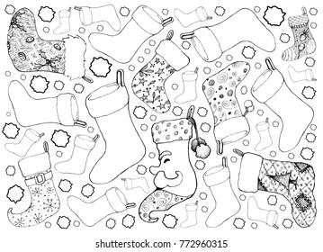 Background of Illustration Hand Drawn Sketch of Checked Christmas Stockings Frying on The Air, Sign for Christmas Season. 
