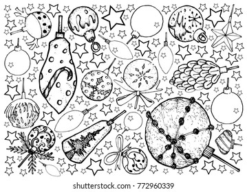Background Illustration Hand Drawn Sketch of Various Style of Lovely Christmas Balls and Christmas Ornaments, Sign For Xmas Celebration Event. 