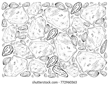Background Illustration Hand Drawn Sketch of Torrone or Nougat Made of Honey, Sugar and Egg White with Toasted Almonds or Nuts Served During The Christmas Season in Spain and Latin America.
