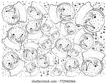 Background Illustration Hand Drawn Sketch of Various Style of Lovely Christmas Snow Globe, Glass Ball or Snowdome with Snowman, Sign For Xmas Celebration Event. 
