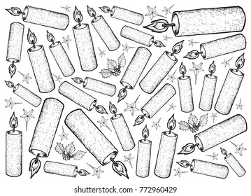 Background Illustration Hand Drawn Sketch of Christmas Candles with Holly Twigs and Star Ornaments, Symbolise The Light of God Coming into The World Through The Birth of His Son, Jesus.