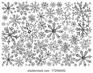 Background Illustration Hand Drawn Sketch of Various Style of Snowflakes in Different Shapes and Forms Isolated on White Background, Sign for Start Christmas Celebration.