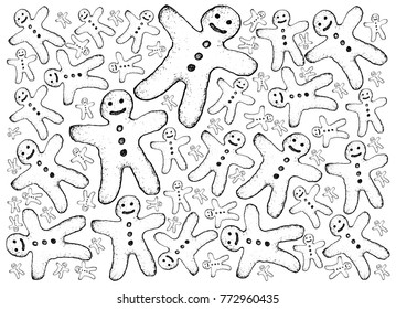 Background Illustration Hand Drawn Sketch of Christmas Gingerbread Man Cookies Decorated with White Icing for Christmas Celebration Isolated On White Background.