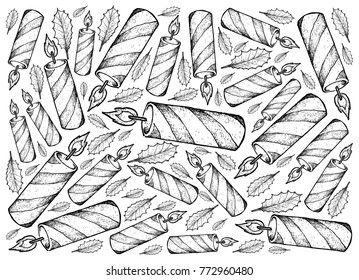 Background Illustration Hand Drawn Sketch of Christmas Candles with Holly Twigs, Symbolise The Light of God Coming into The World Through The Birth of His Son, Jesus.
