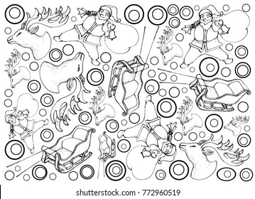 Background Illustration Hand Drawn Sketch of Santa Claus, Reindeer and Sleigh Sign for Christmas Celebration.