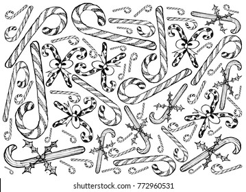 Background Illustration Hand Drawn Sketch of Various Colors Lovely Candy Canes with Bow and Holly Leaves, One of The Most Often Seen Symbols of Christmas. 
