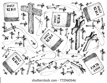 Background Illustration Hand Drawn Sketch of Covered Bible with Wooden Cross, Sign For Xmas Celebration Event. 
