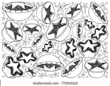 Background Illustration Hand Drawn Sketch of A Traditional Christmas Mince Pies Filled with A Mixture of Dried Fruits and Spices Served During The Christmas Season.
