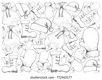 Background Illustration Hand Drawn Sketch of Santa Clause Hat, Boot, Bag and Mitten Waiting for Santa Claus Wearing and Coming To Town on Christmas Night. 