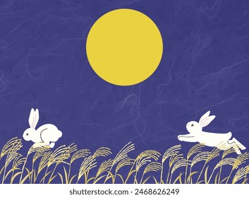 Ilustración de fondo de la luna de la cosecha, pampa hierba, y conejos corriendo
