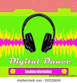 Background illustration with headphones and digital signal for a Club or DJ Poster