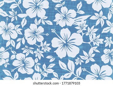 Background illustration with hibiscus pattern for vintage aloha shirt design. seamless.blue.