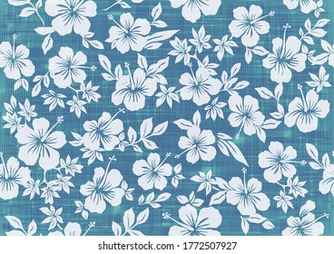 Background illustration with hibiscus pattern for vintage aloha shirt design. seamless.blue.