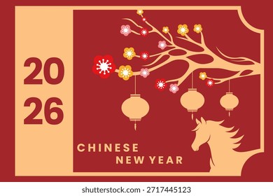 Ilustración de fondo con ramas de caballos y árboles para adornos chinos del Año Nuevo. Vector de fondo de año nuevo lunar