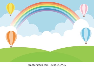 Ilustración de fondo de un globo aerostático que vuela sobre una colina con arcoiris