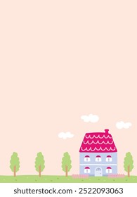 Ilustración de fondo con casas, árboles y nubes en un pueblo