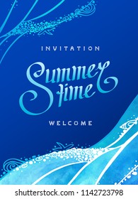 Background illustration and invitation with calligraphy text summer time and hand drawn ocean wave. Watercolor of ocean, sea wave with drawn sea foam and seashells on blue background. Vertical vector.