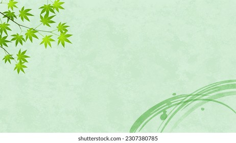 Background illustration of Japanese paper texture with blue autumn leaves and green brush strokes. Vector illustration.