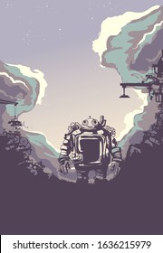 Ilustración de fondo de Junkyard con un robot hecho a partir de una caminata basura