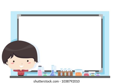 Background Illustration of a Kid Boy with His Experiment Standing In Front of a Blank Whiteboard