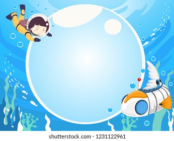 Background Illustration of a Kid Boy  Scuba Diving with a Robot Fish and Big Blank Water Bubble Board