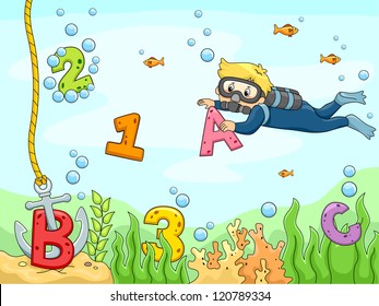 Background Illustration of A Kid Scubadiver searching for letters and numbers underwater