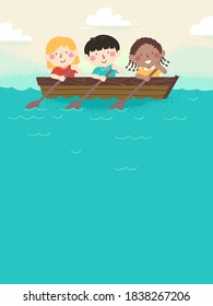 Background Illustration of Kids Holding Paddle and Rowing a Wooden Boat in the Lake