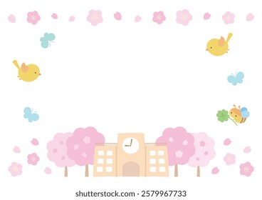 Background illustration of a landscape of spring school, cherry blossoms and birds