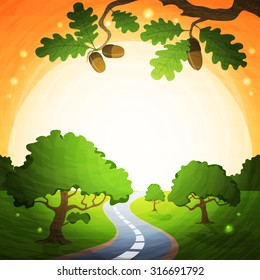 Background illustration landscape with sun and road.