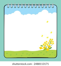 A background illustration of a lawn with yellow flowers under the blue sky.