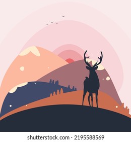 Background illustration of light and hot pink, blue and orange mountains and hills with deer silhouette. Picture for poster, banner, postcard..