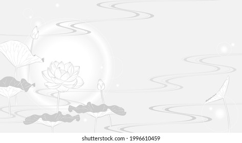 Background illustration of lotus flower and stream of water (look like drawn in light ink)