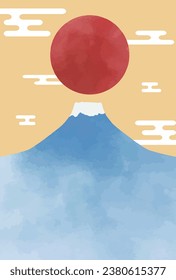 Background illustration material for New Year's cards with watercolor style Mt. Fuji and the sun