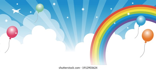 Background illustration material of rainbow, balloons, clouds and bright blue sky