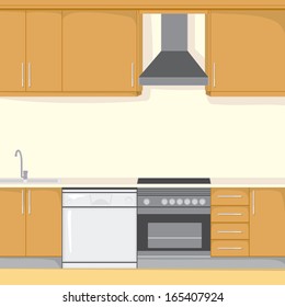 Background illustration of a modern house kitchen with appliances in brown color style
