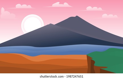 background illustration of mountains with lakes, beaches and cliffs in the evening sky
