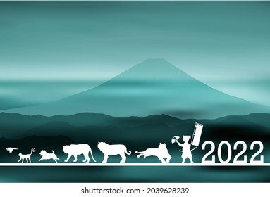 Ilustración de fondo del monte Fuji y el tigre 