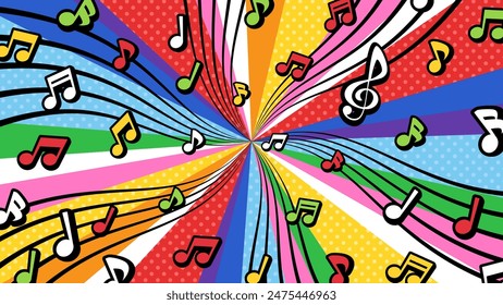 Background illustration of music notes and explosion smoke_American comic style_Rainbow