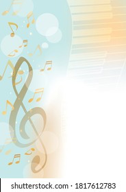 It is a background illustration of musical notes and sheet music.