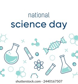 Background illustration for national science day with image of flask, test tube, chemical elements