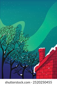 background illustration of night sky with stars and aurora, and house with snowy chimney